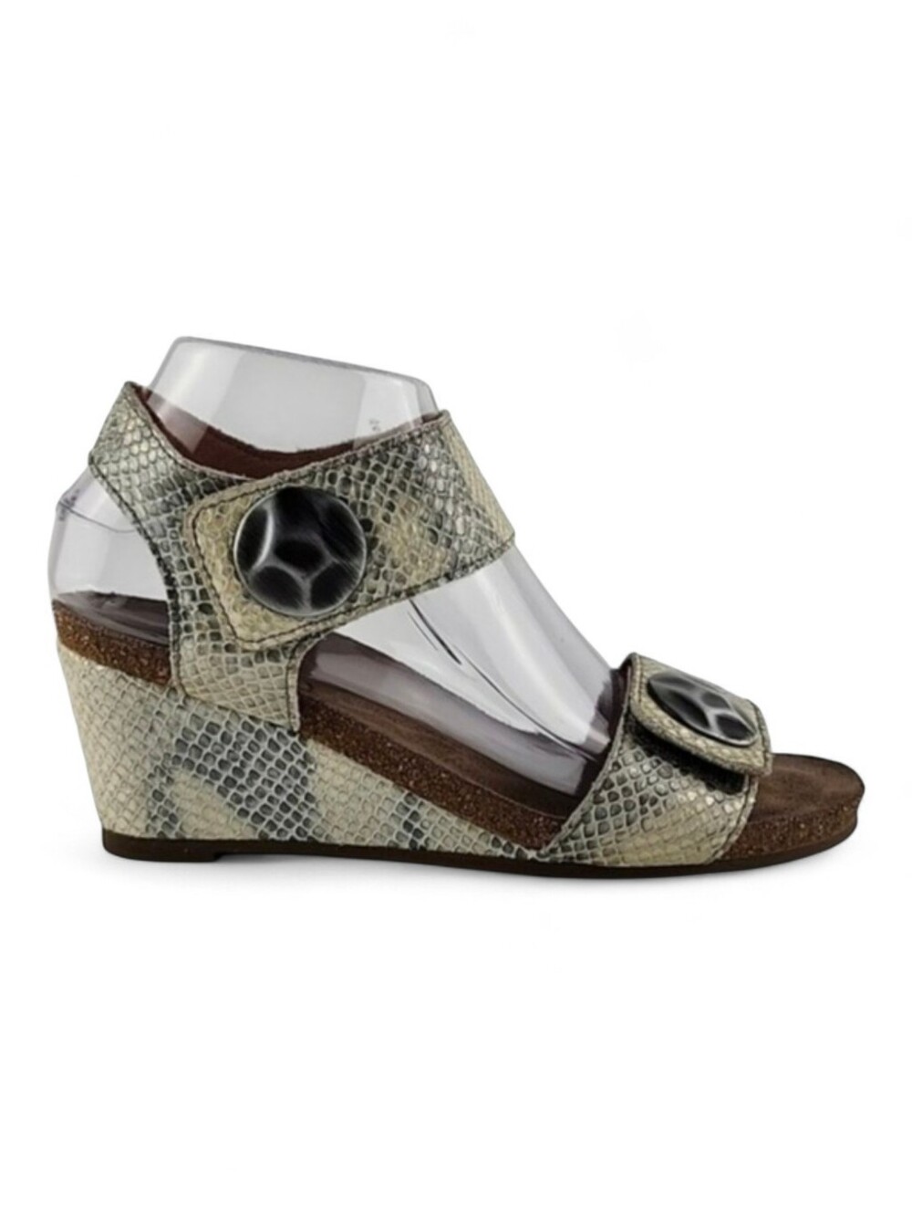 Taos Women's Carousel Beige Grey Leather Snake Print Wedge Sandals 37